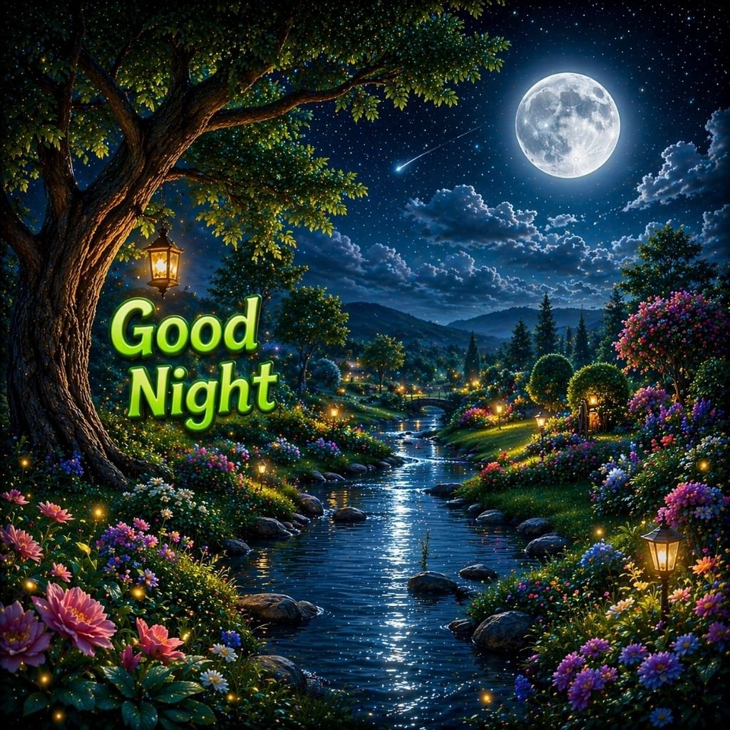 good night moonlit garden peaceful river