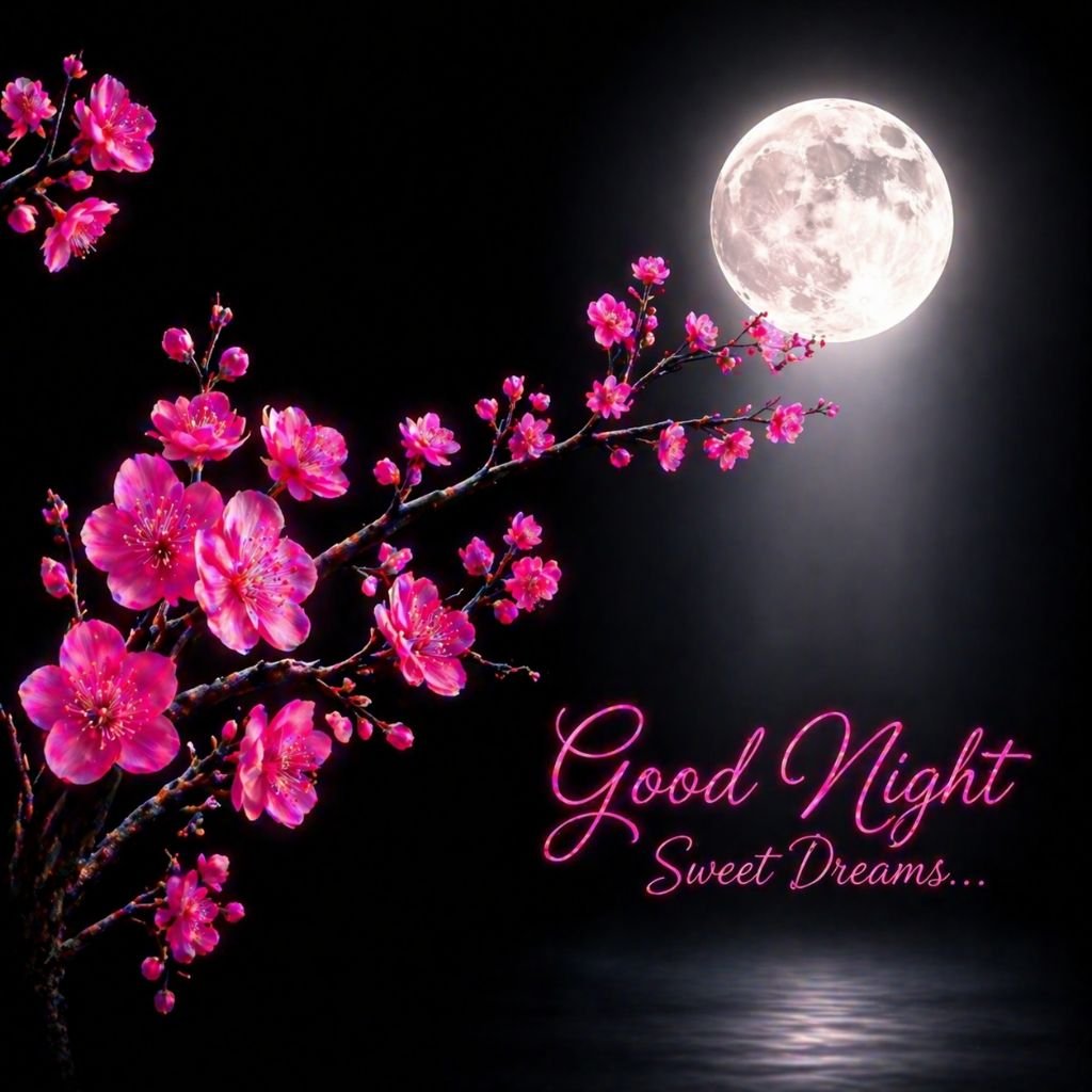good night sweet dreams moon and cherry blossoms