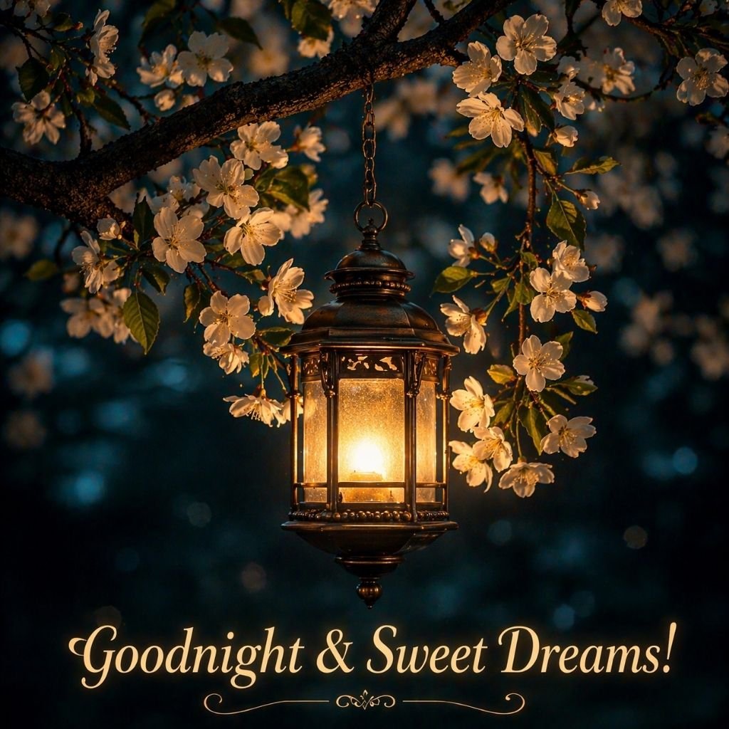 good night sweet dreams near warm light blossom tree