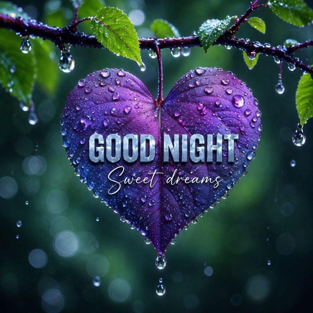 good night sweet dreams on heart shaped leaf with rain drops