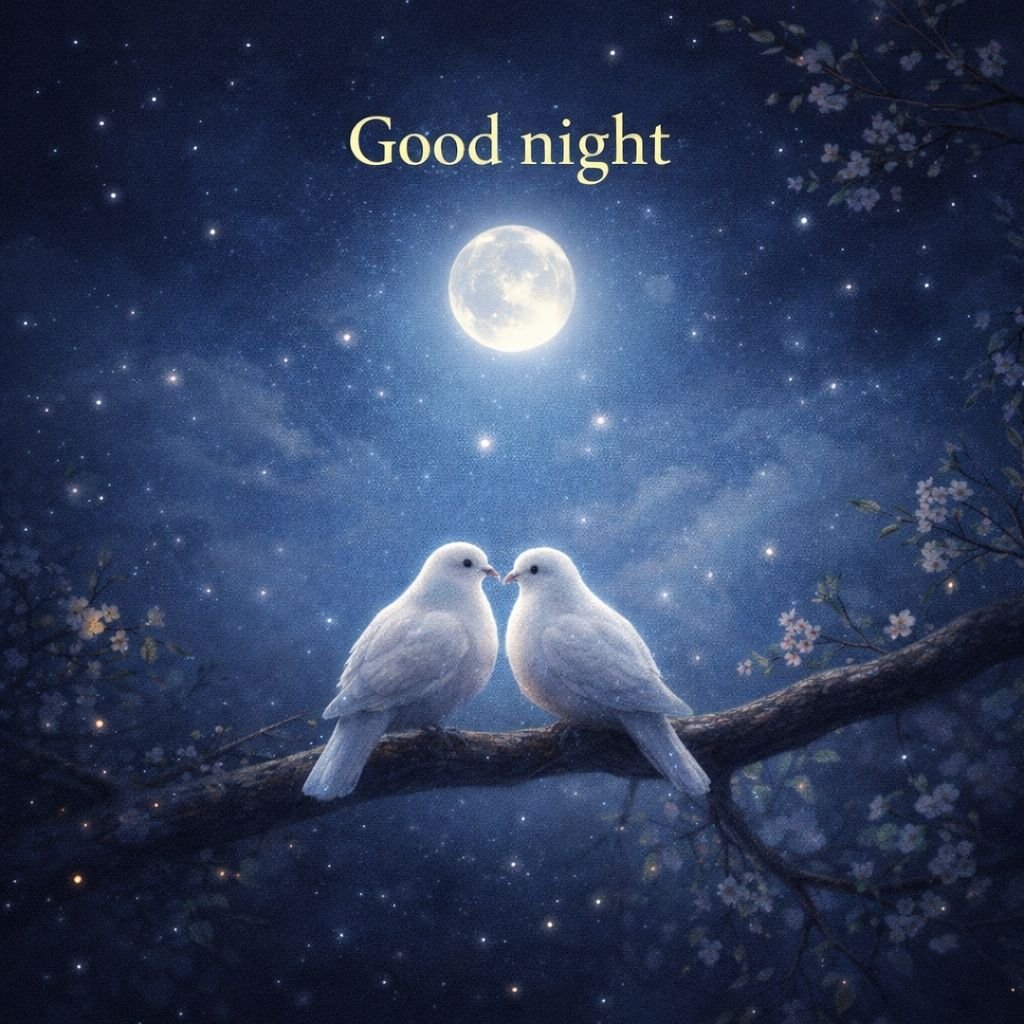 good night wishes along with moonlight love birds
