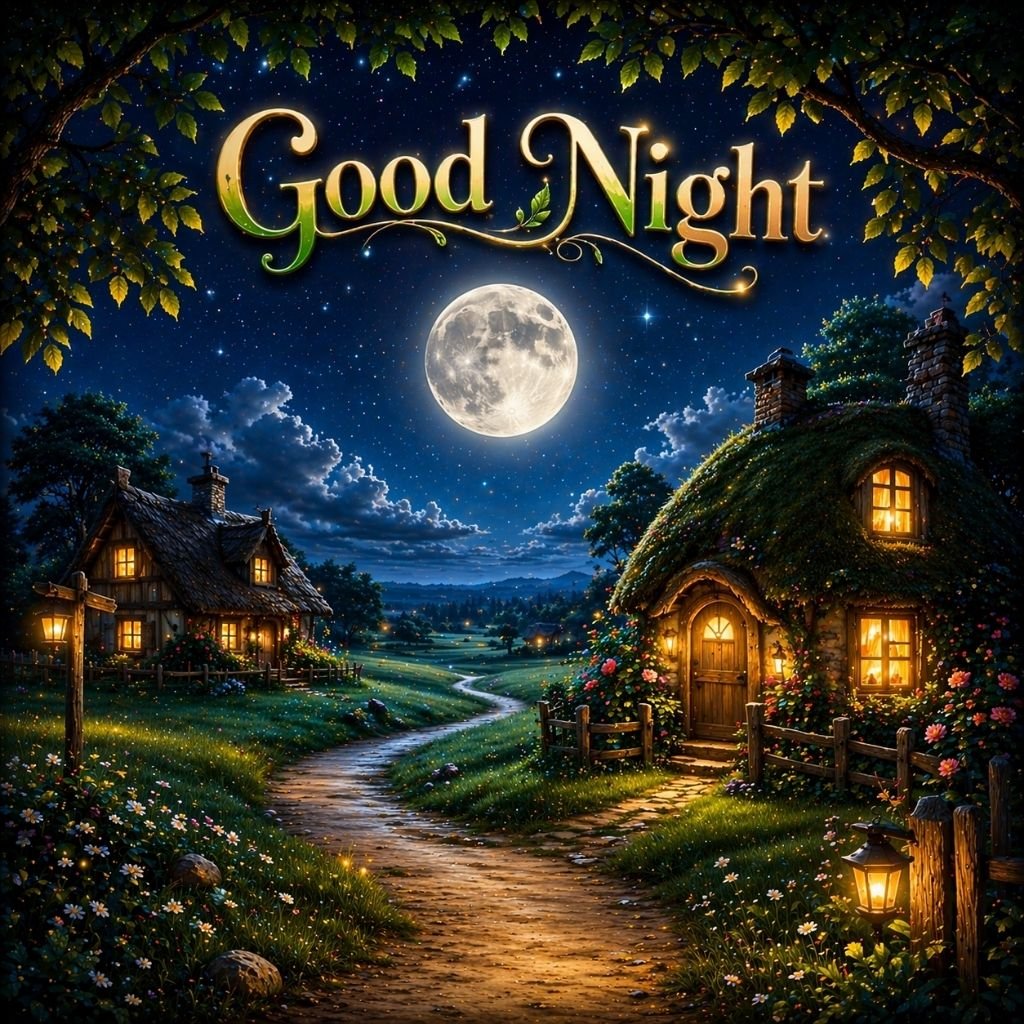good night wishes near moonlit village
