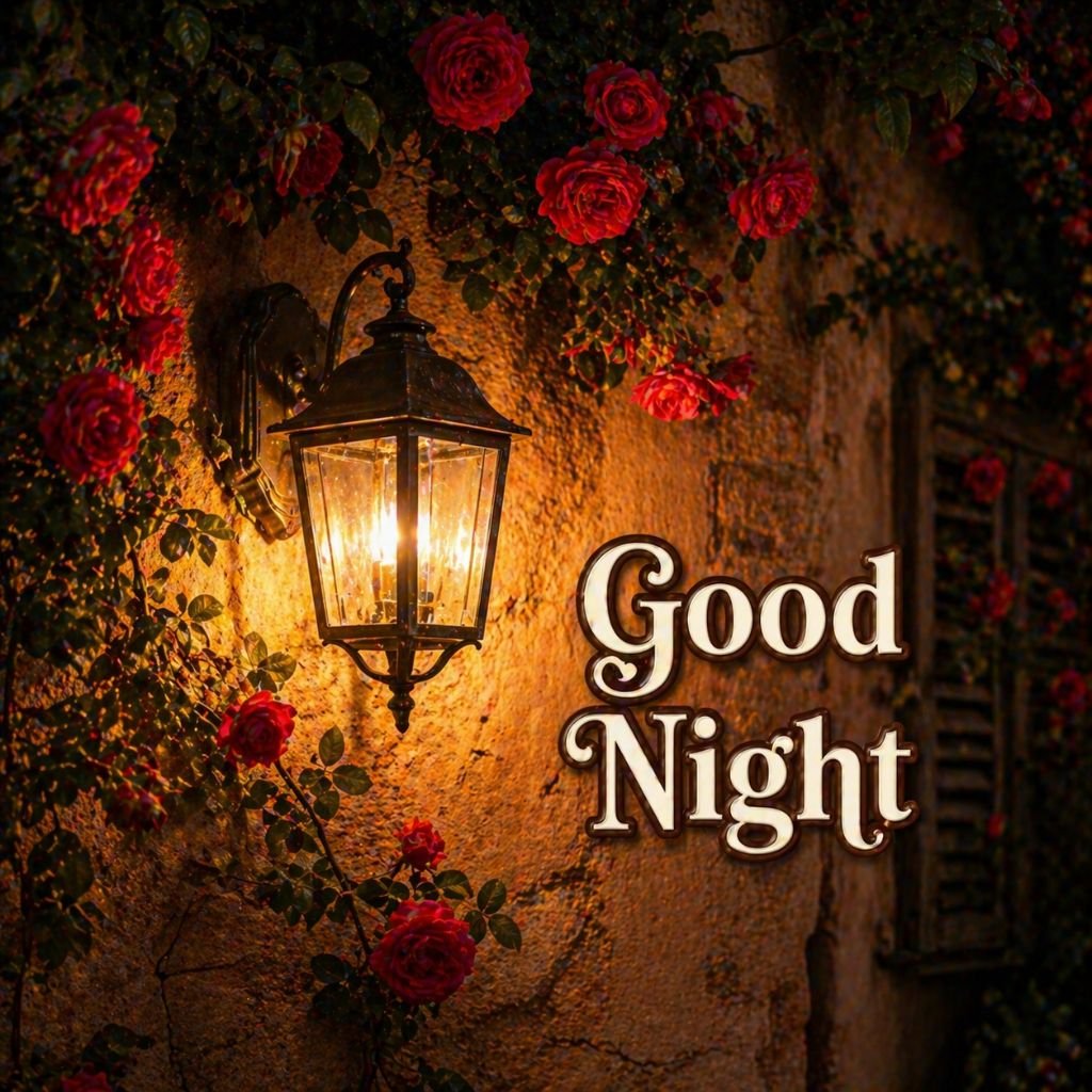 good night wishes with lantern and red roses