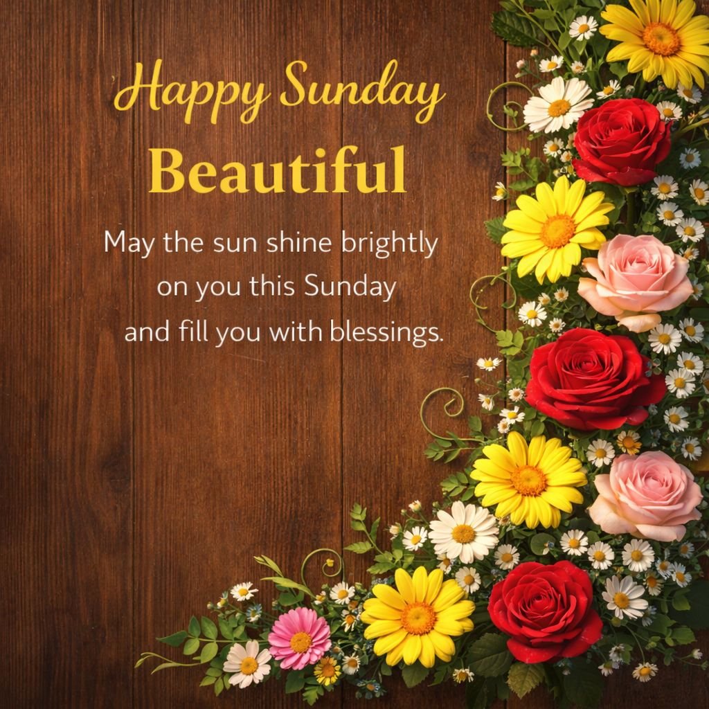 happy sunday good morning floral image with wooden background