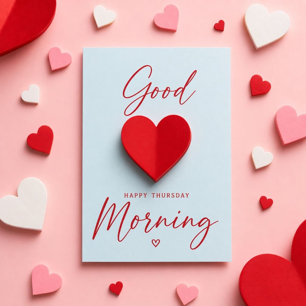 happy thursday card with red heart on pastel background