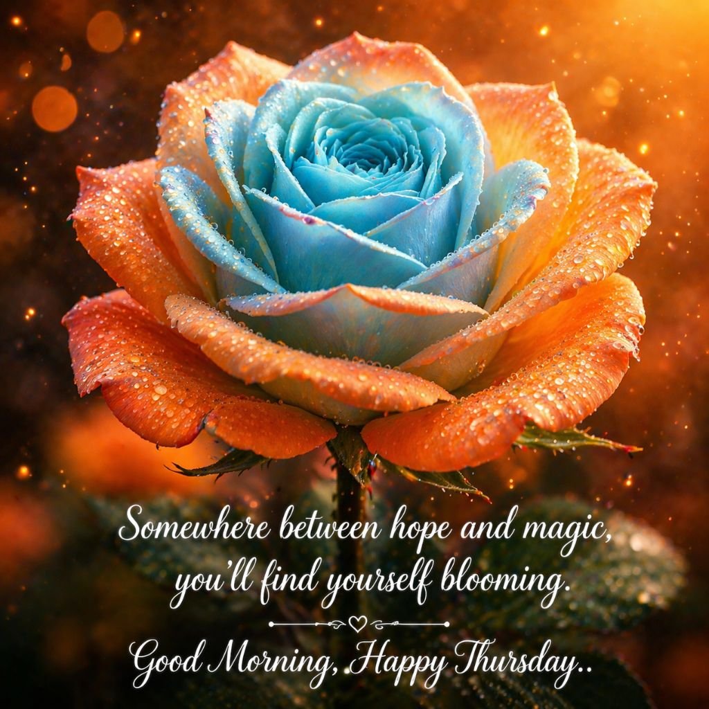 happy thursday image with blue and orange rose