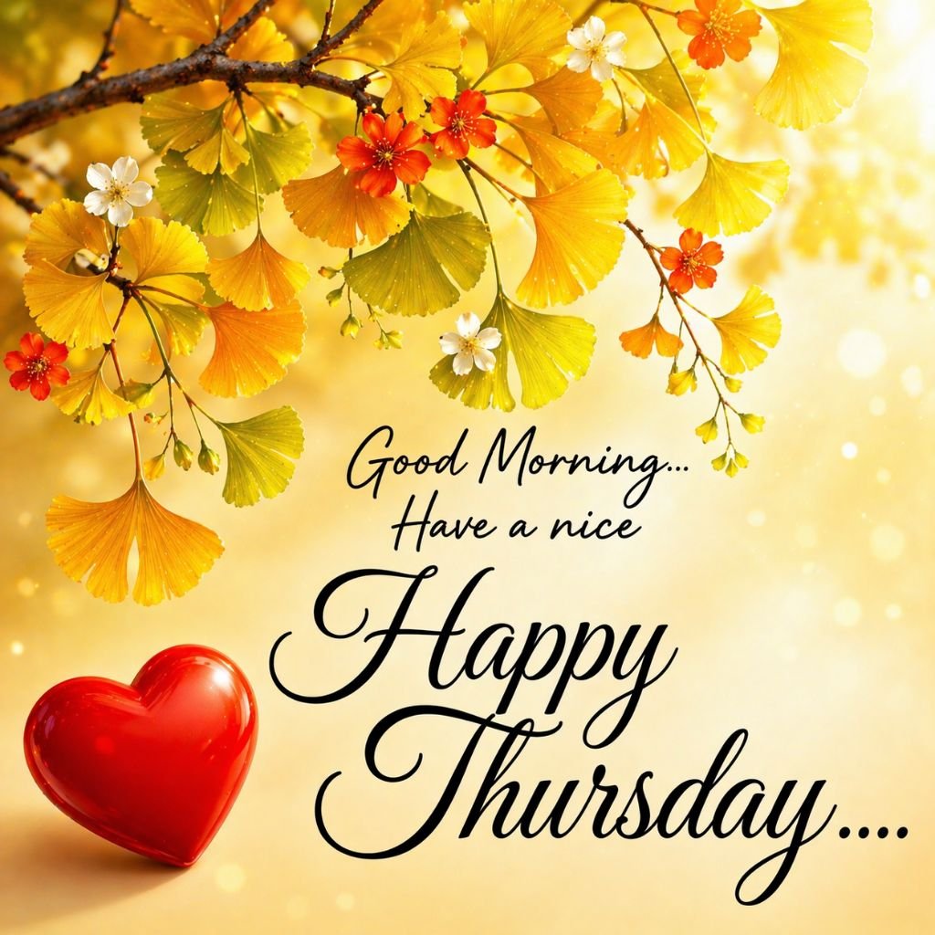 happy thursday image with golden leaves and red heart