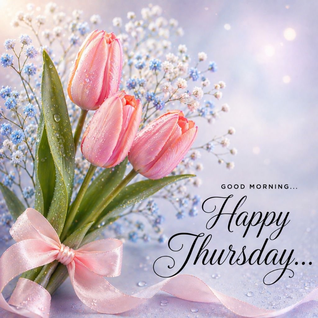 happy thursday image with pink tulips