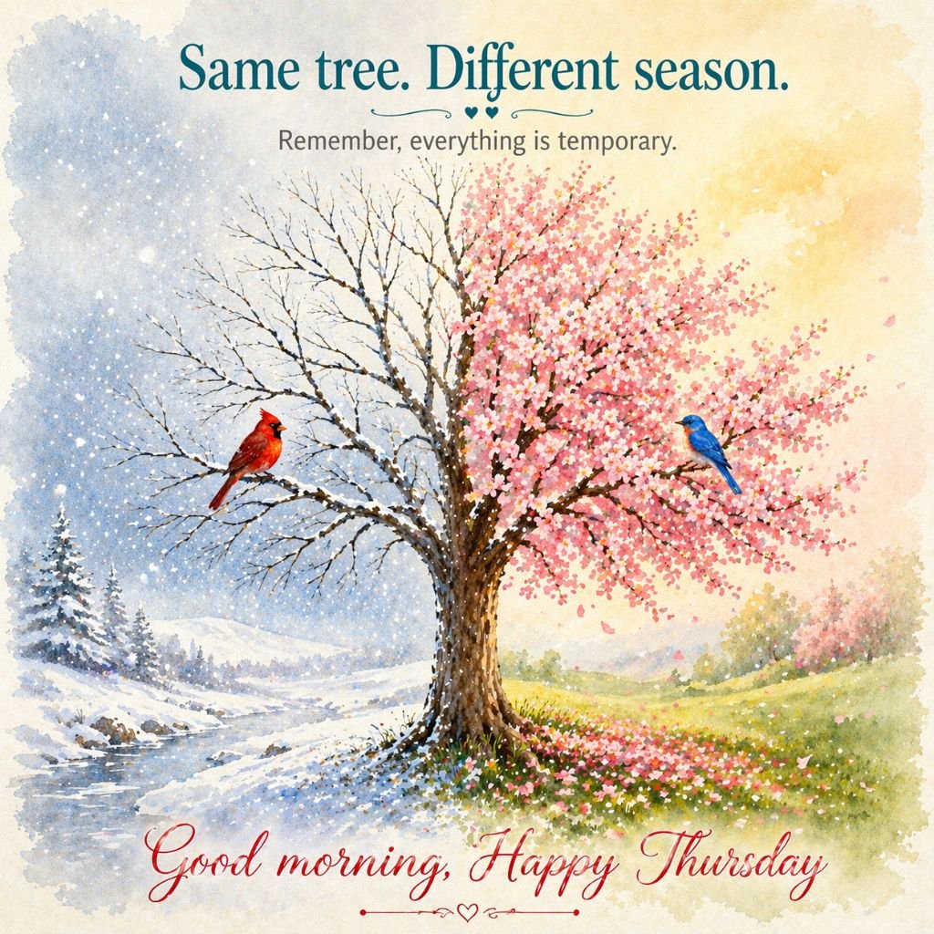 happy thursday image with seasonal tree art
