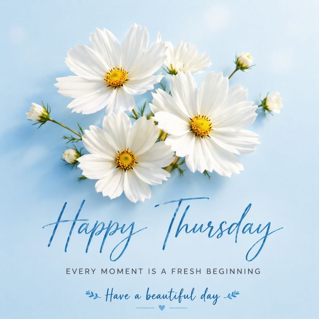 happy thursday image with white flowers on blue background