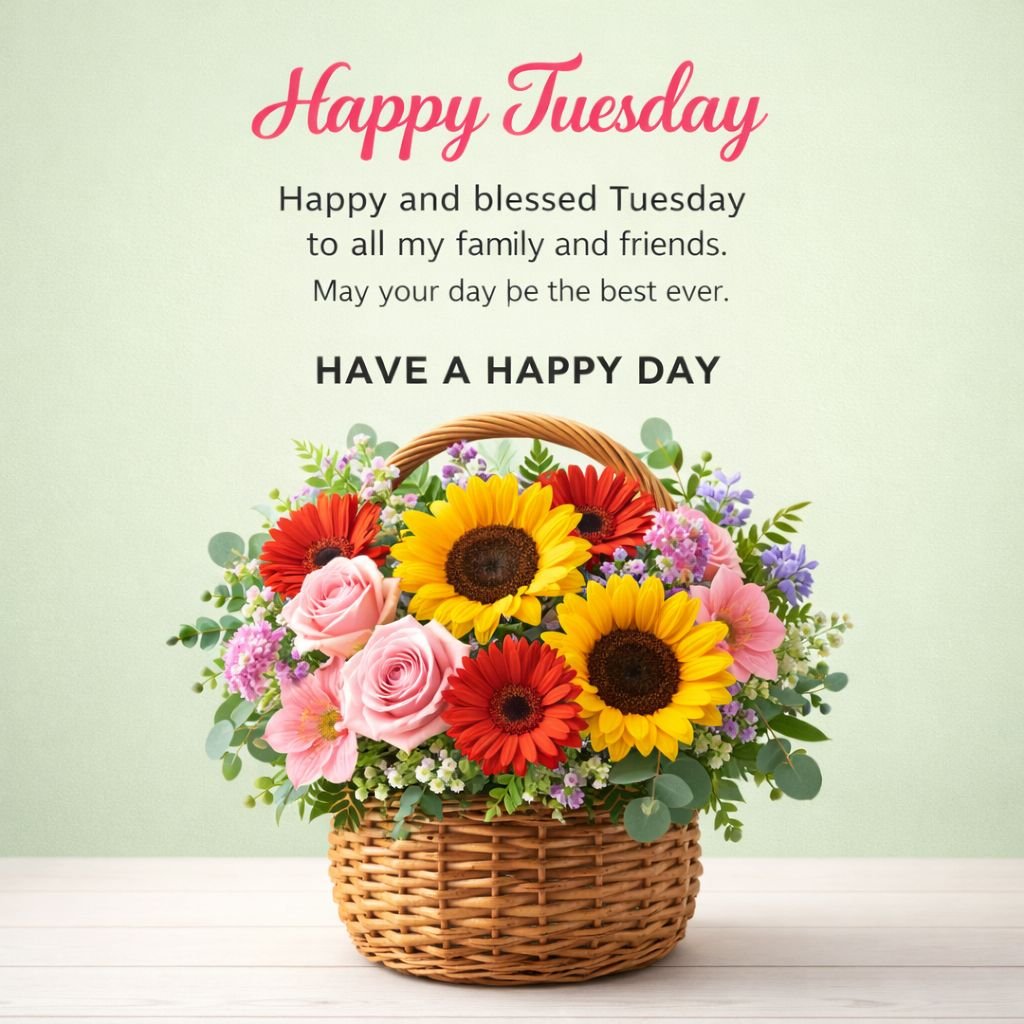 happy tuesday good morning flower basket image
