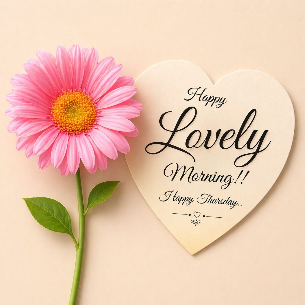 lovely good morning happy thursday image with pink flower and heart card