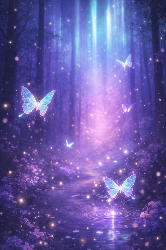 magical glowing butterflies forest wallpaper