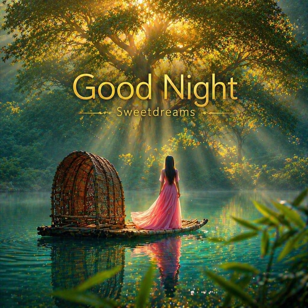 magical lake sunset girl on boat and good night wishes