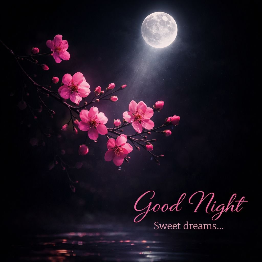 moonlight cherry blossoms good night image