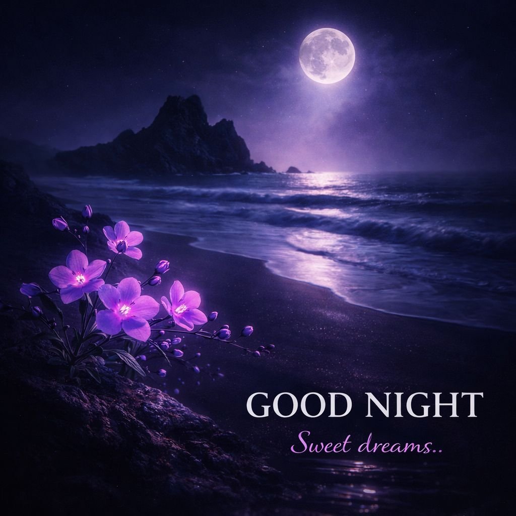 moonlit beach with flowers good night image