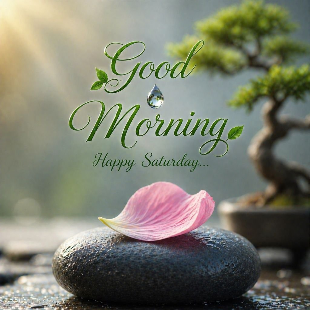 peaceful good morning happy saturday image with zen stone and petal