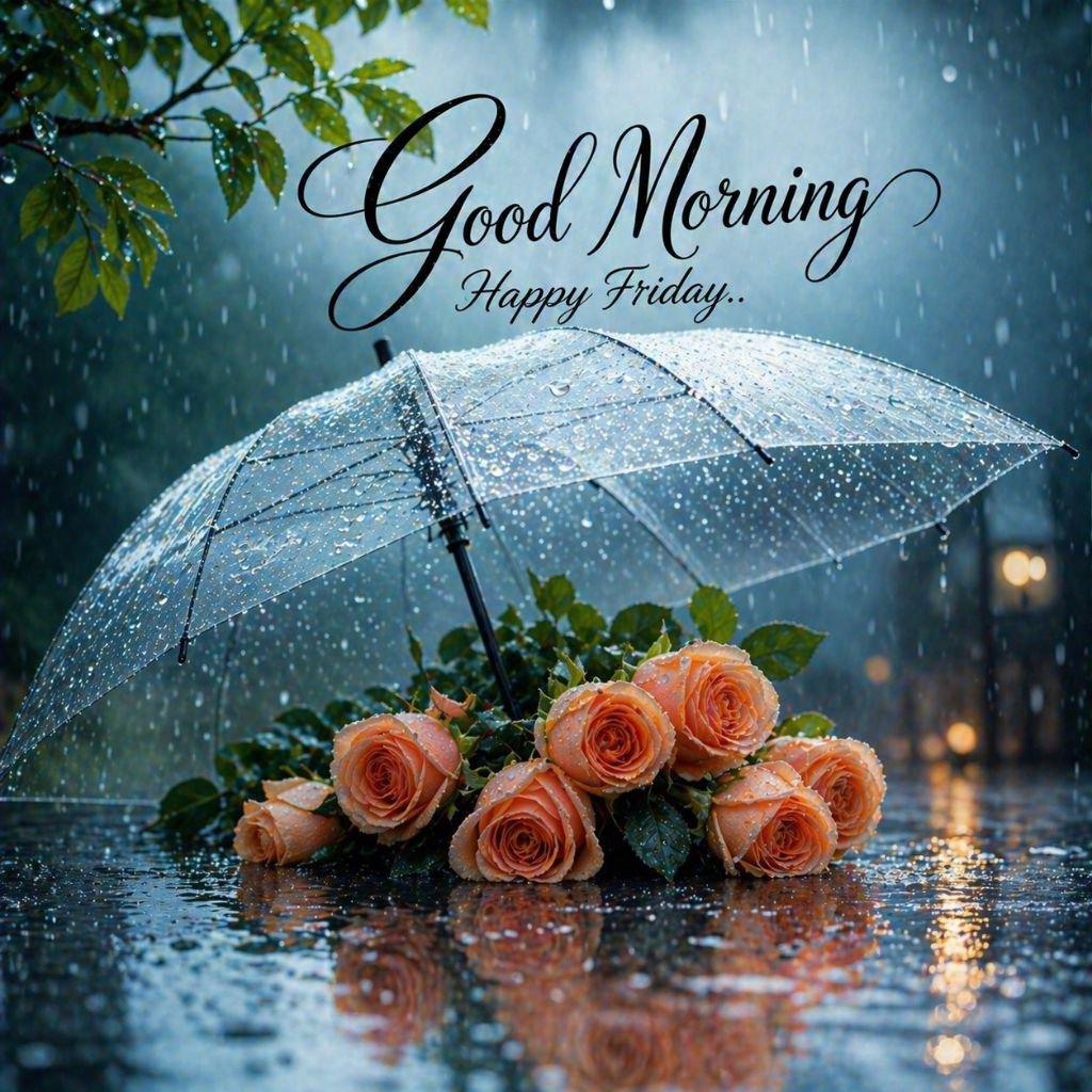 rainy good morning happy friday image with roses