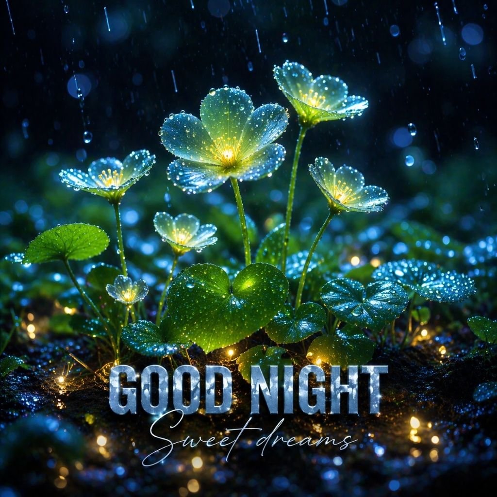 rainy night glowing flowers with good night sweet dreams