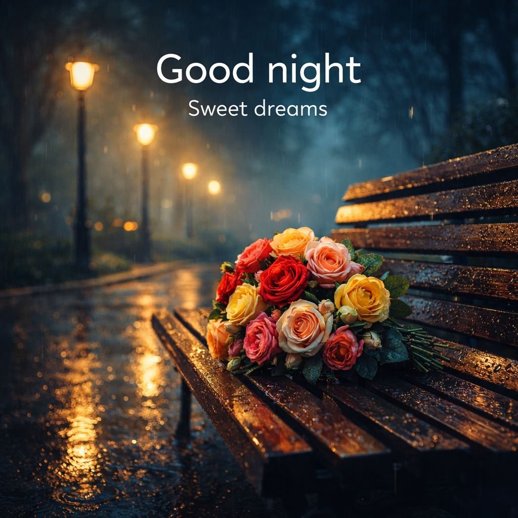 rainy night roses bench good night image