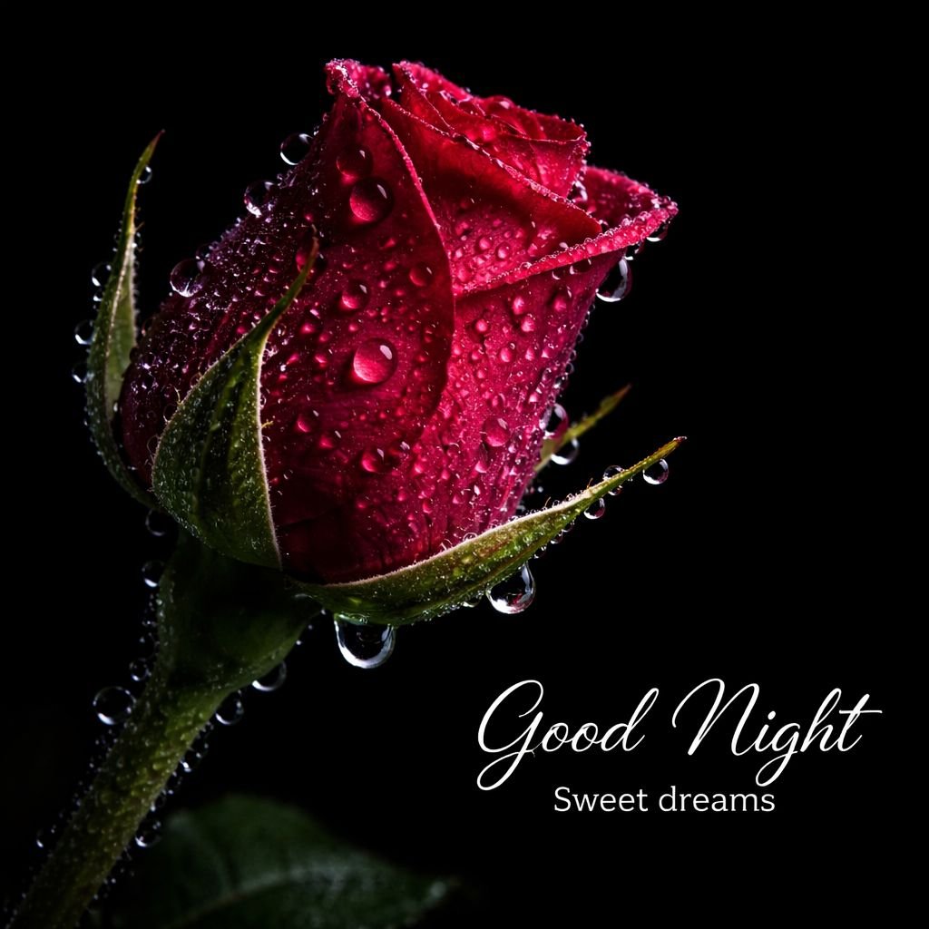 red rose with dew drops good night image