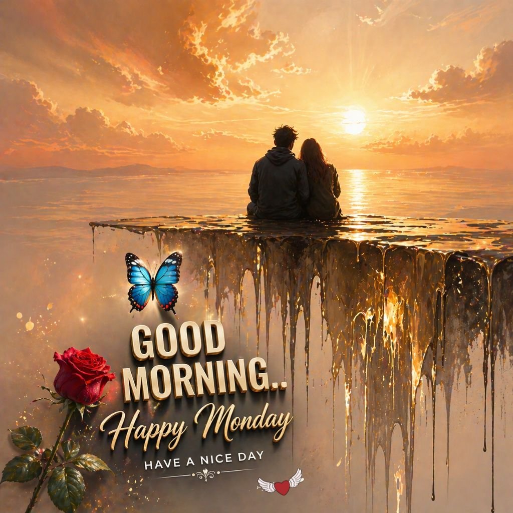 romantic good morning happy monday sunset couple image with rose