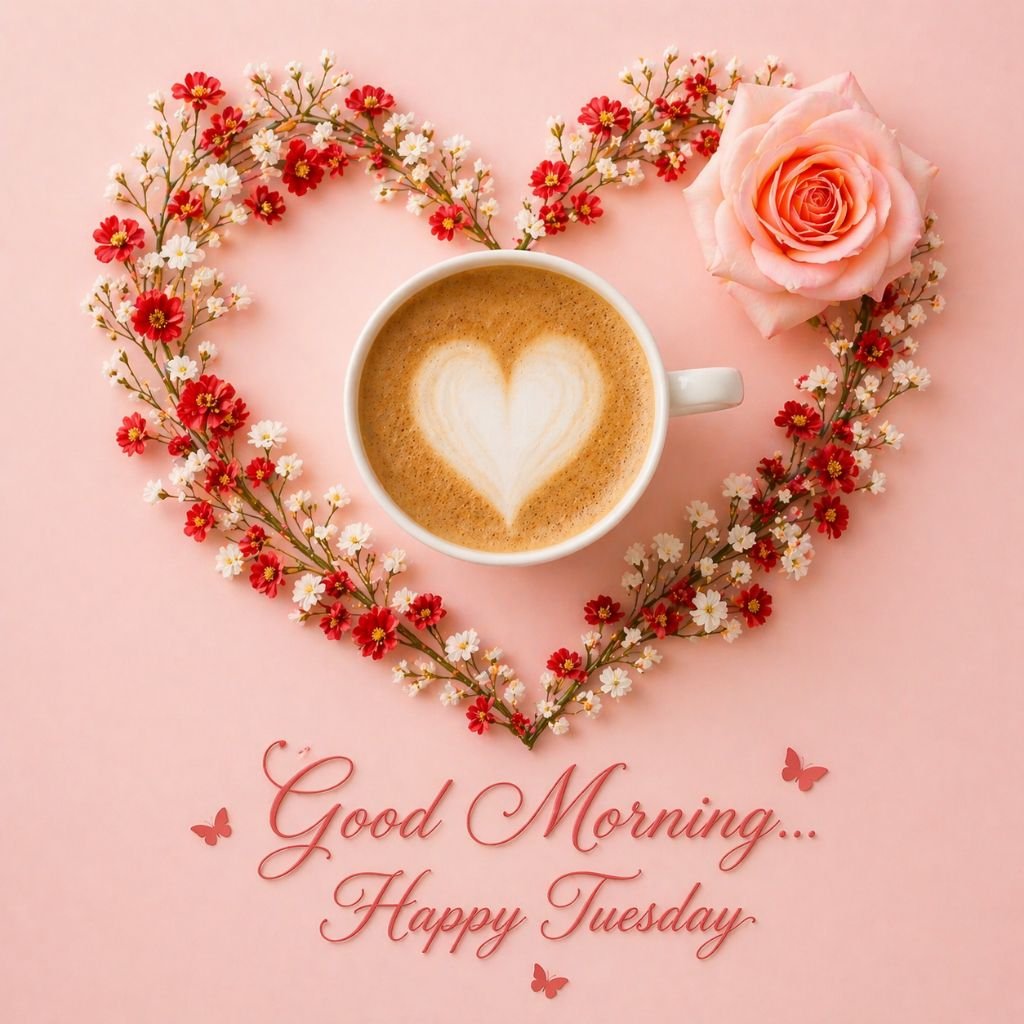 romantic good morning happy tuesday image with coffee and heart flowers