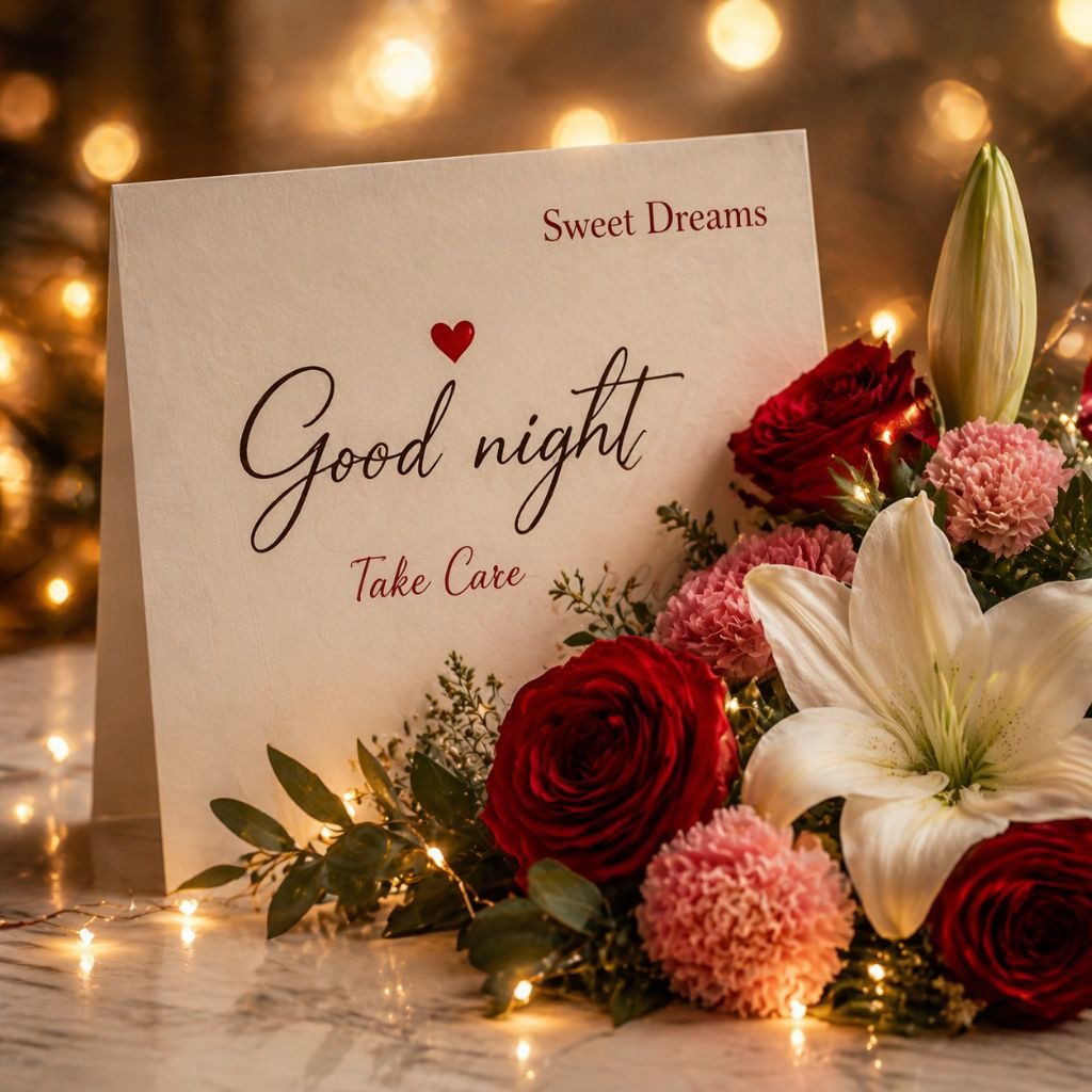 romantic good night flowers card with roses and lilies