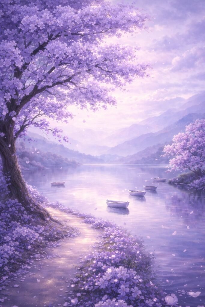 serene purple cherry blossom lake wallpaper