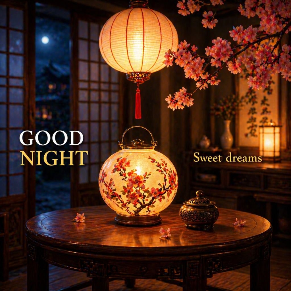 traditional lantern good night image with cherry blossoms