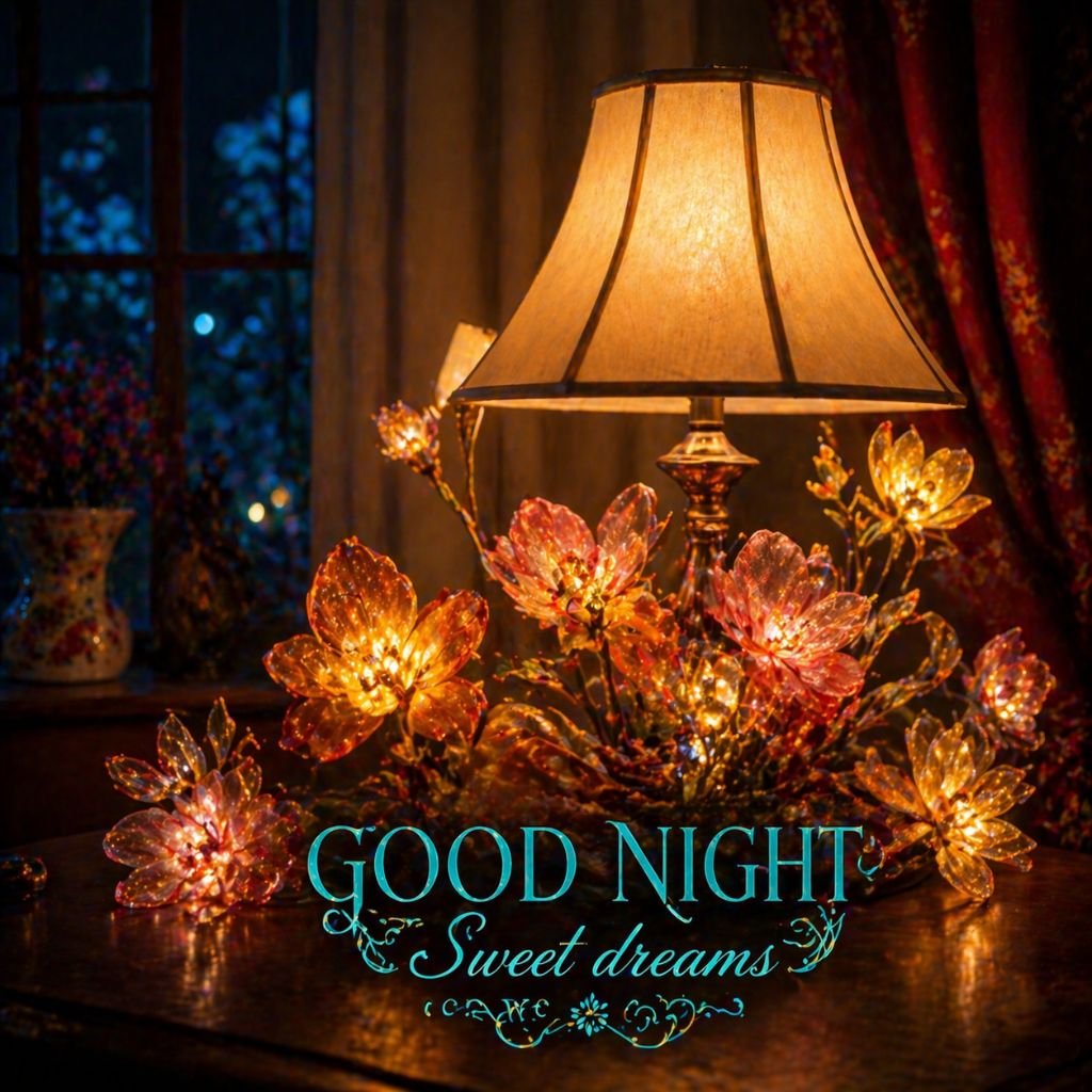 warm cozy good night lamp with glowing flowers
