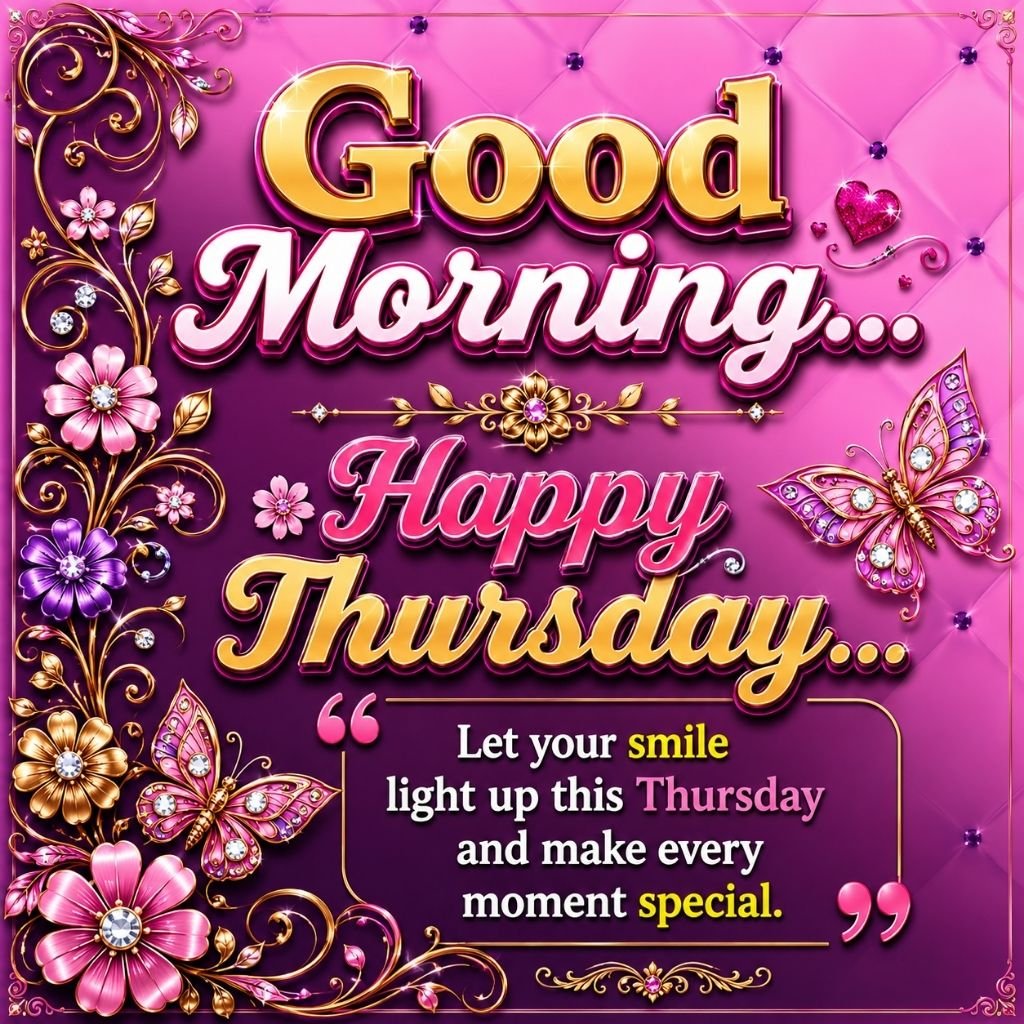 Beautiful Good Morning Happy Thursday Wishes Image with Butterflies and Flowers