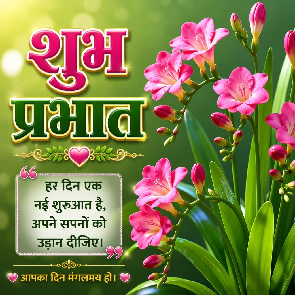 Beautiful Pink Flower Good Morning Image with Hindi Quote