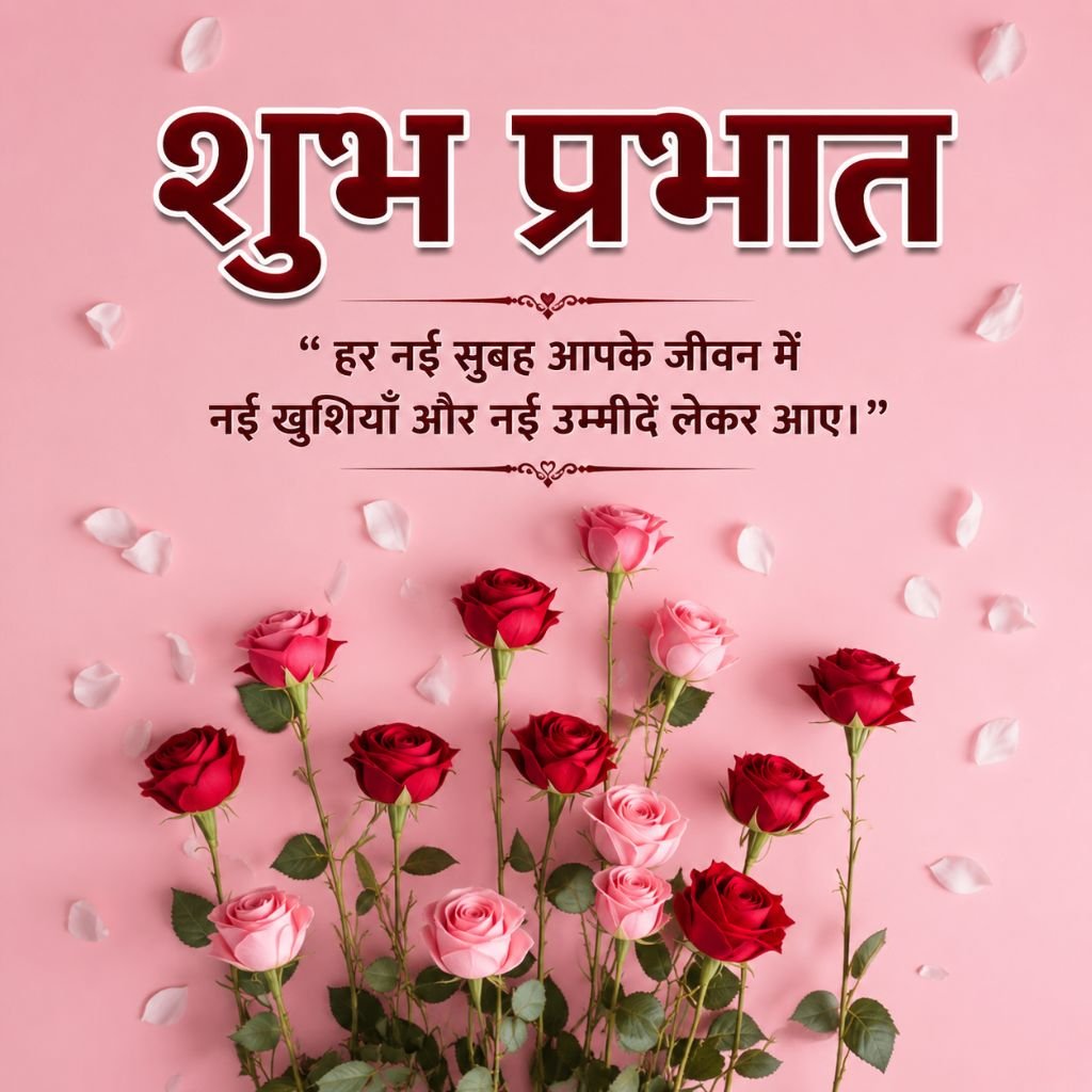 Beautiful Pink Rose Good Morning Image with Hindi Quotes