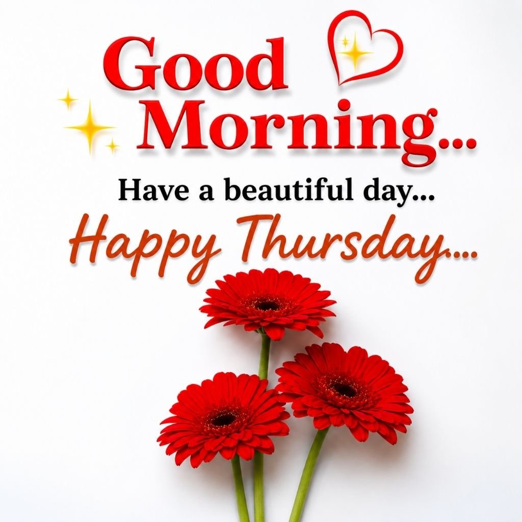 Beautiful Red Flowers Good Morning Happy Thursday Wishes Image