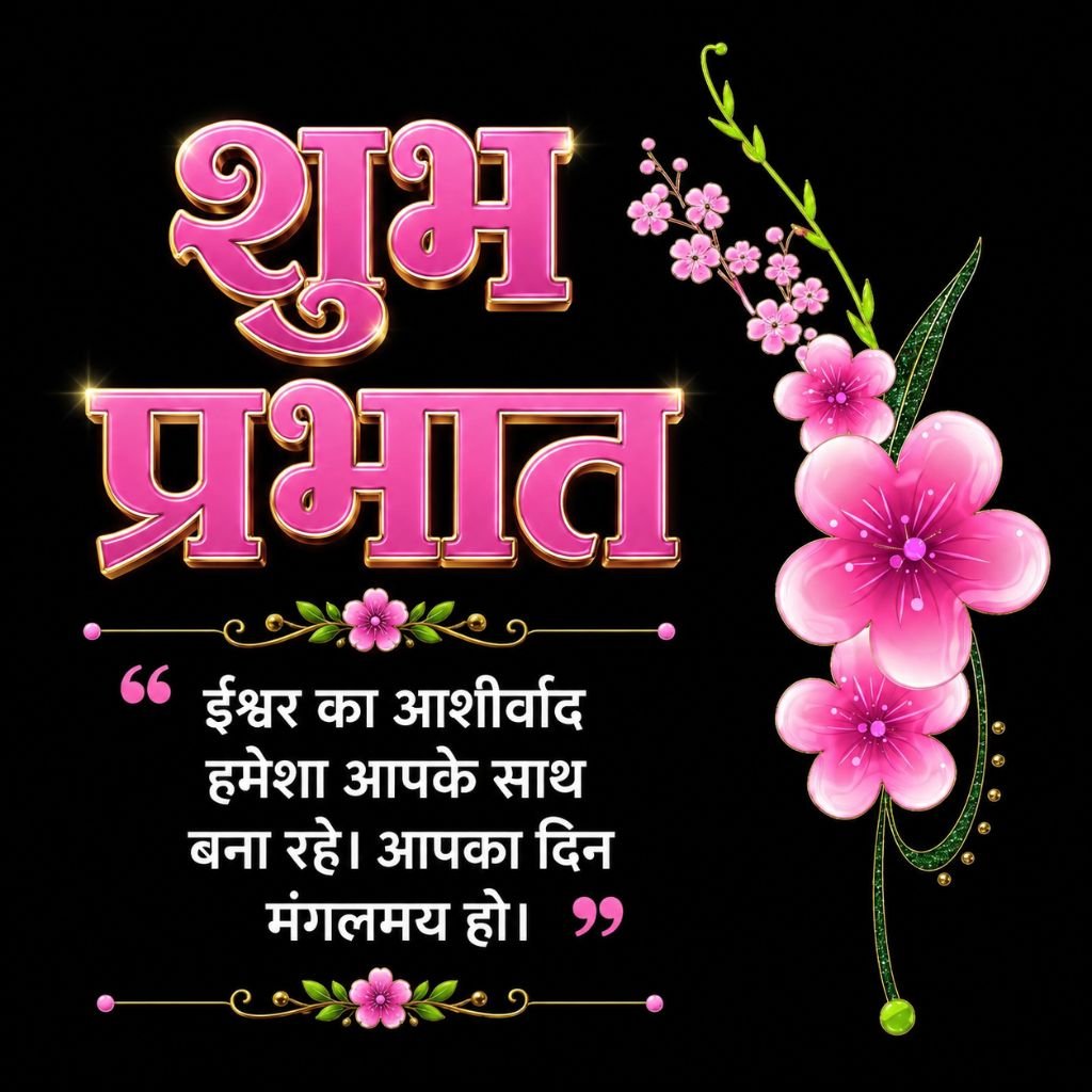 Black Background Good Morning Image with Pink Flowers