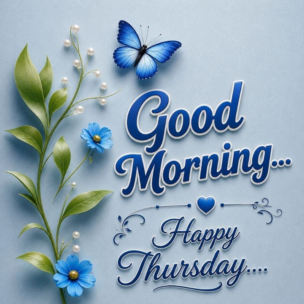 Blue Butterfly Good Morning Happy Thursday Wishes Image