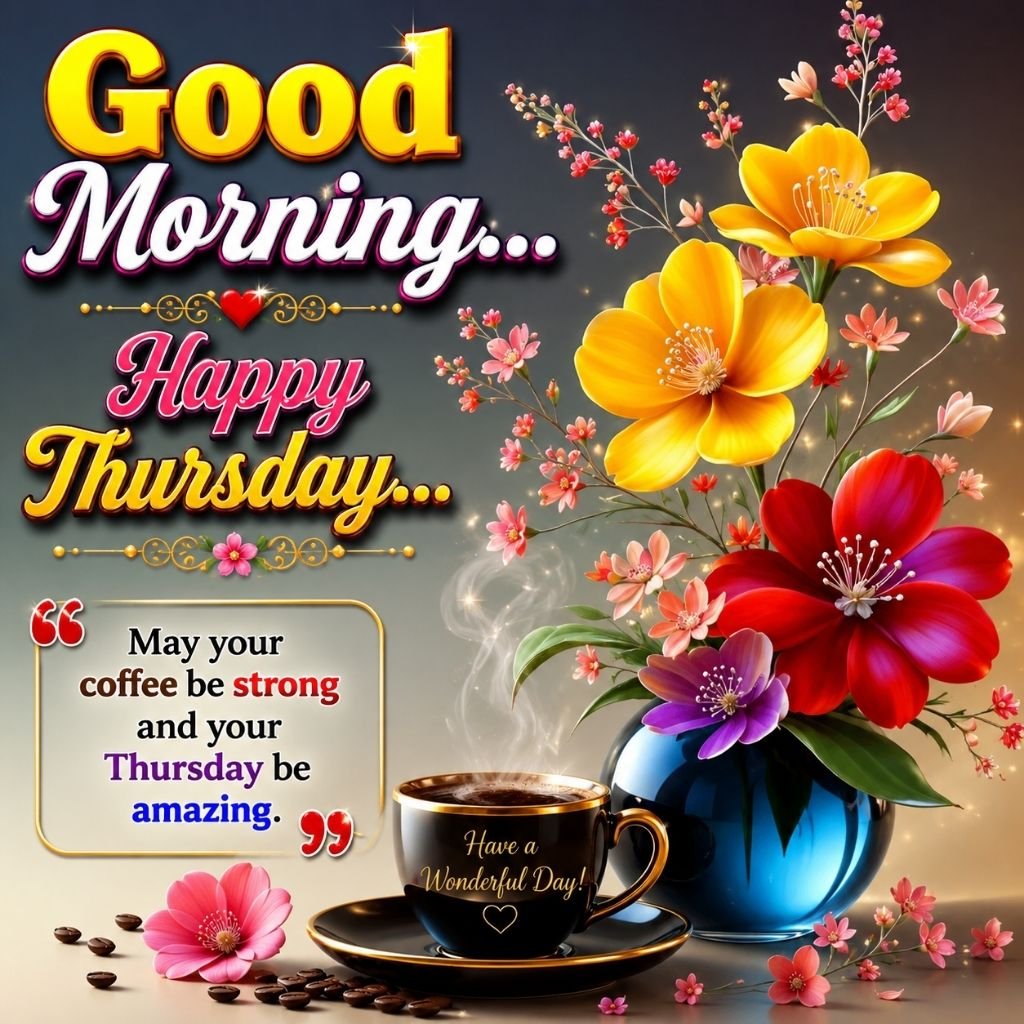 Coffee and Flowers Good Morning Happy Thursday Wishes Image
