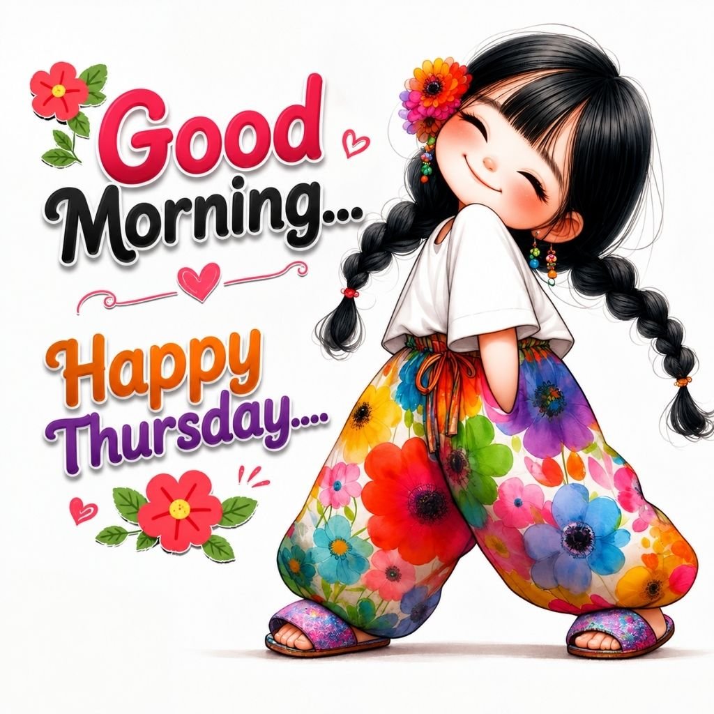 Colorful Cartoon Girl Good Morning Happy Thursday Image