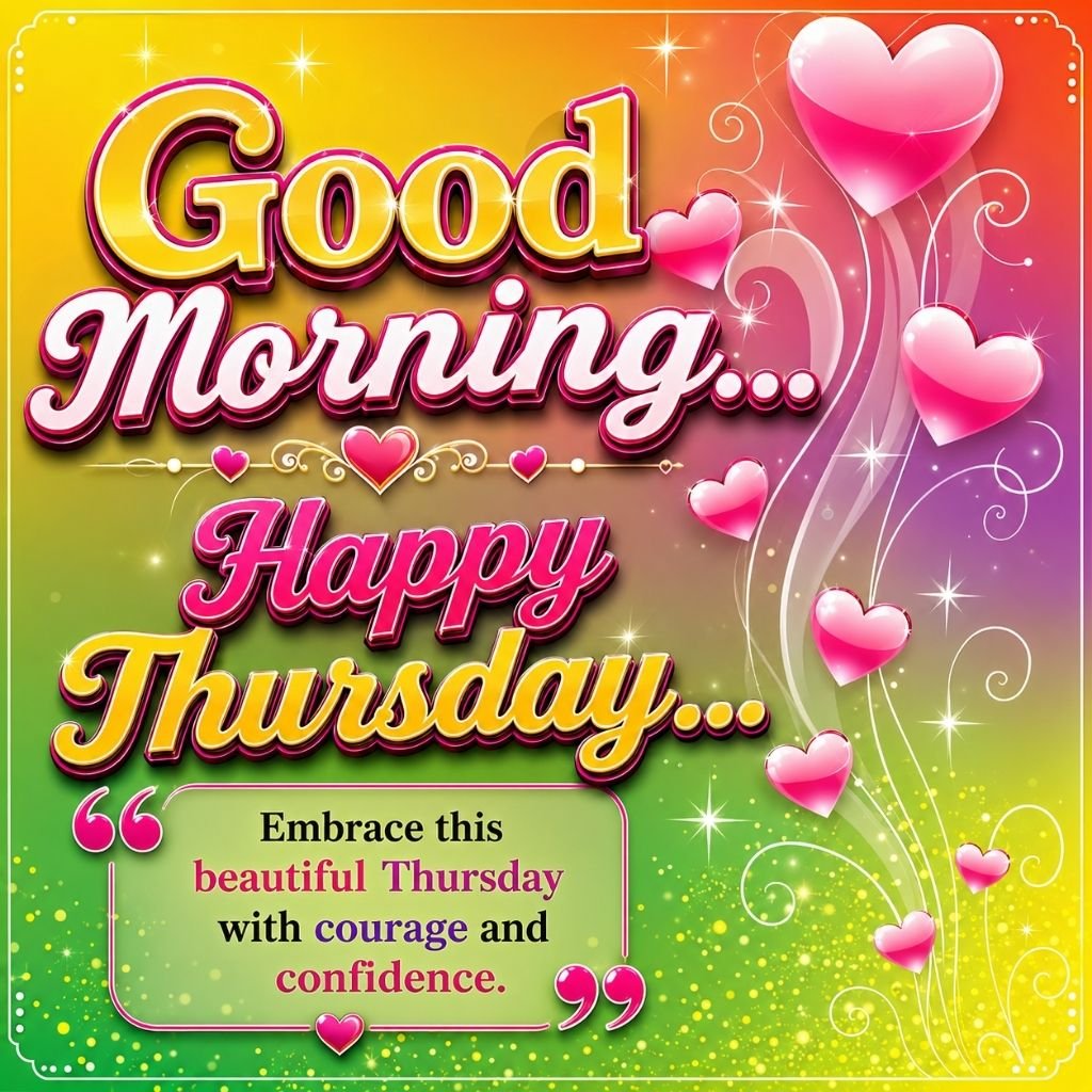 Colorful Good Morning Happy Thursday Wishes Image with Heart Design