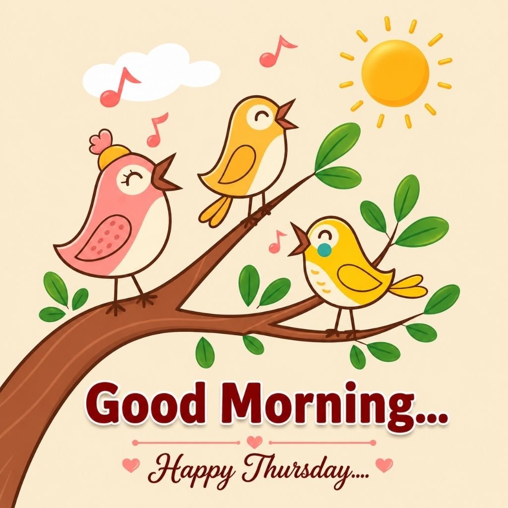 Cute Cartoon Birds Good Morning Happy Thursday Wishes Image