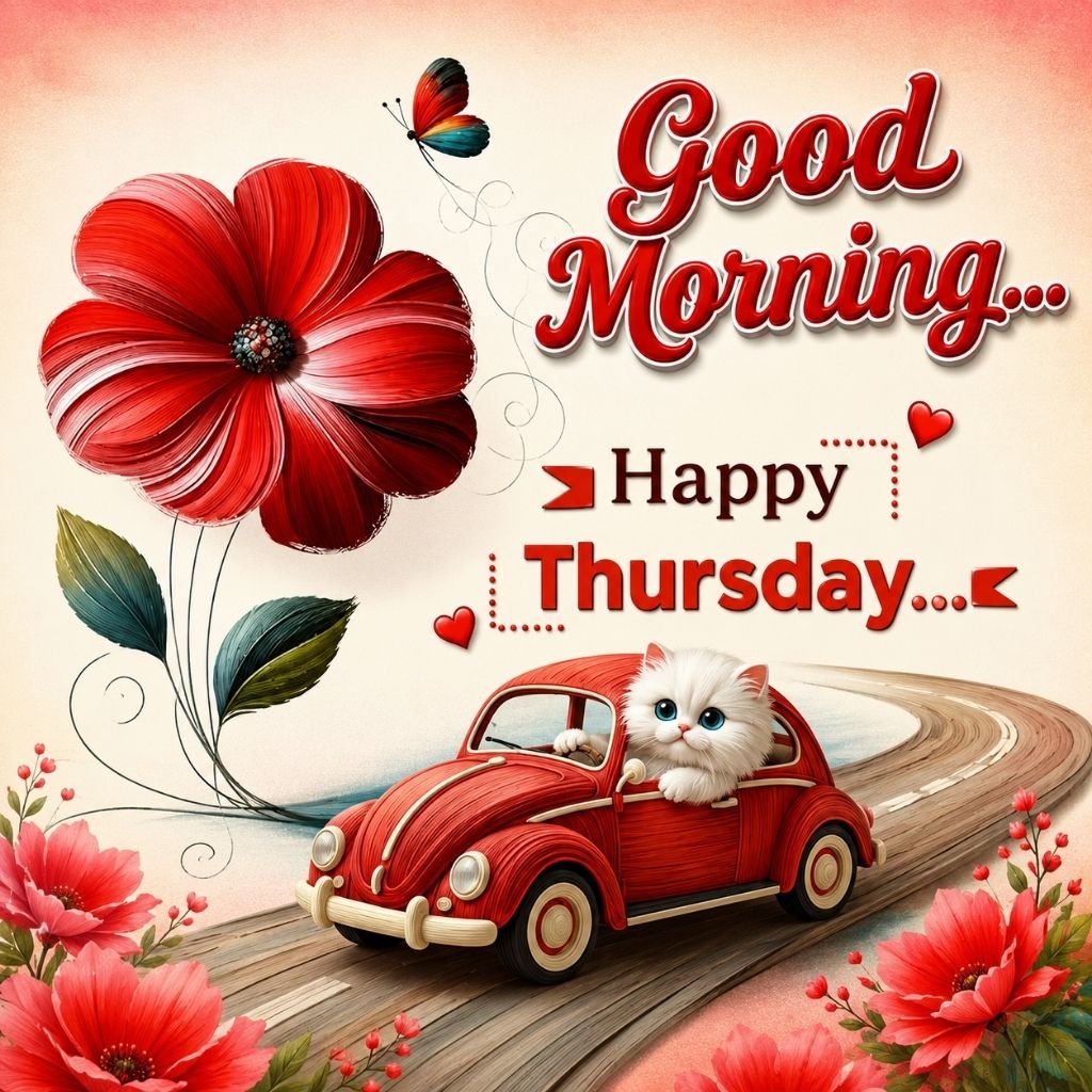 Cute Cat on Car Good Morning Happy Thursday Wishes Image