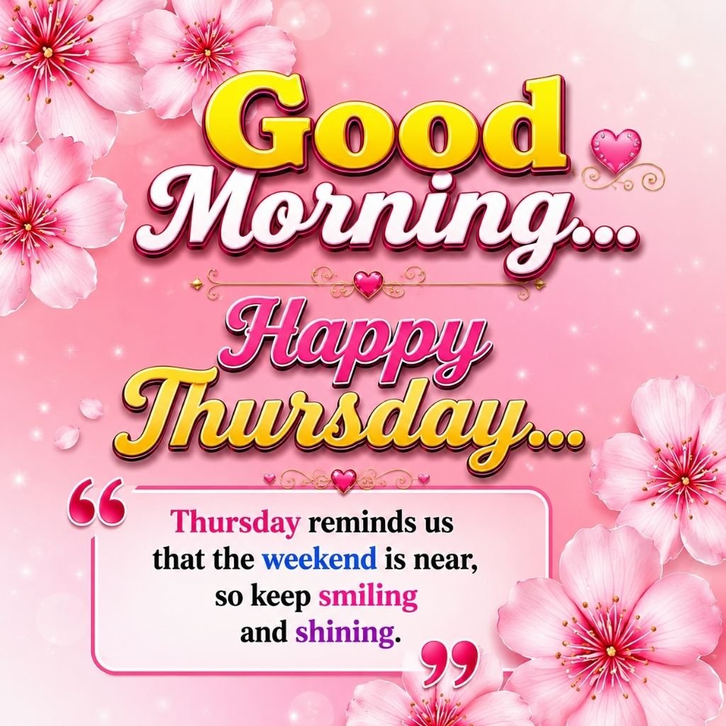 Cute Pink Good Morning Happy Thursday Image with Inspirational Quote
