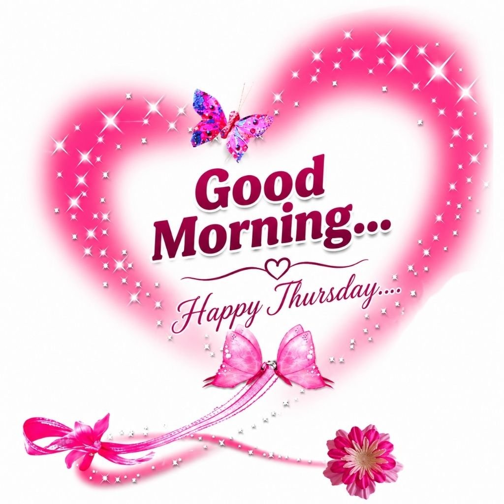 Cute Pink Heart Good Morning Happy Thursday Image with Butterfly