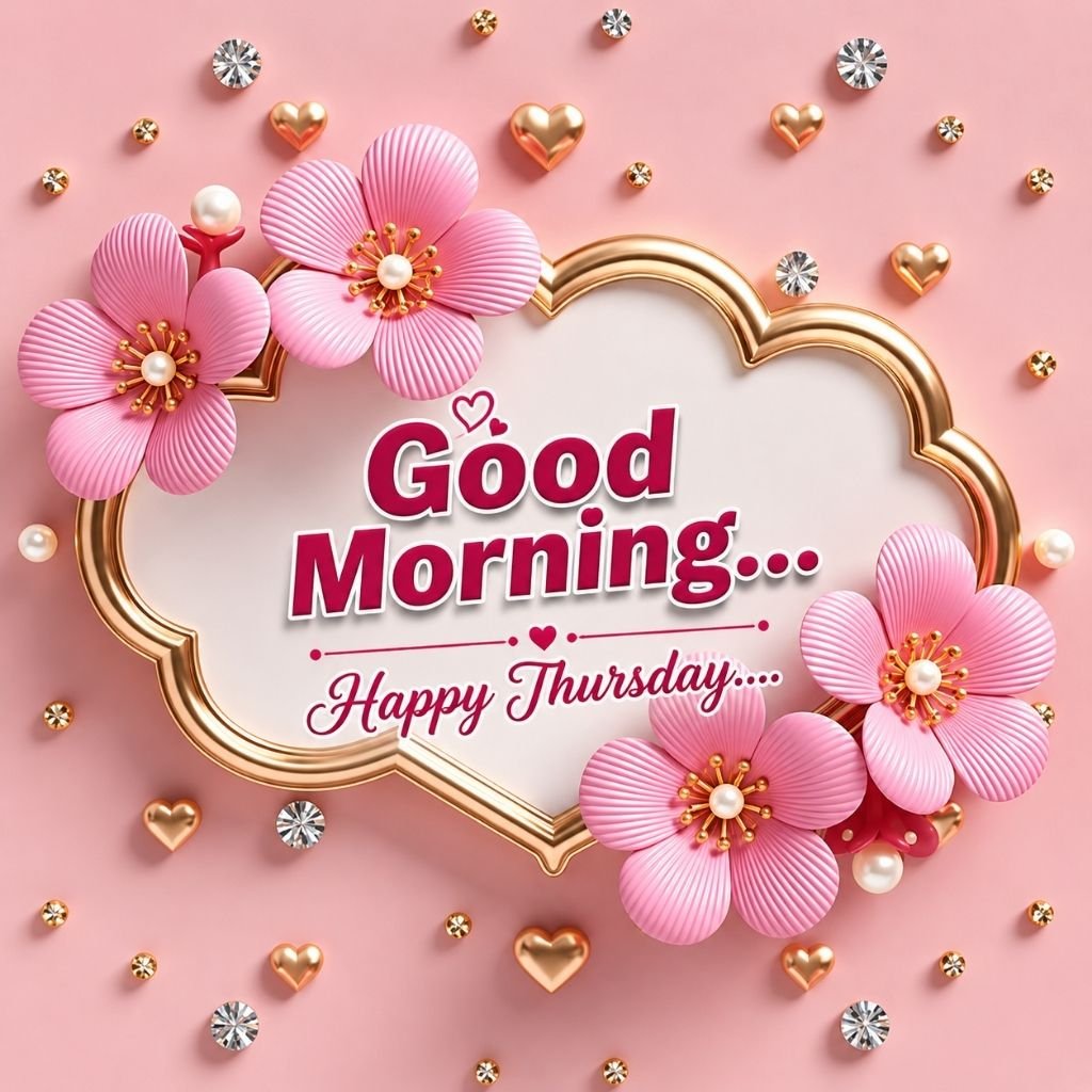 Elegant Pink Good Morning Happy Thursday Wishes Image with Floral Heart Design