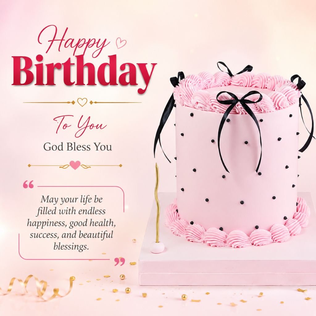 Elegant pink birthday cake wishes card with blessings