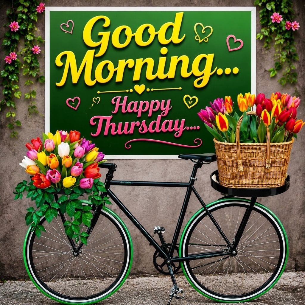 Good Morning Happy Thursday Bicycle with Tulips Image