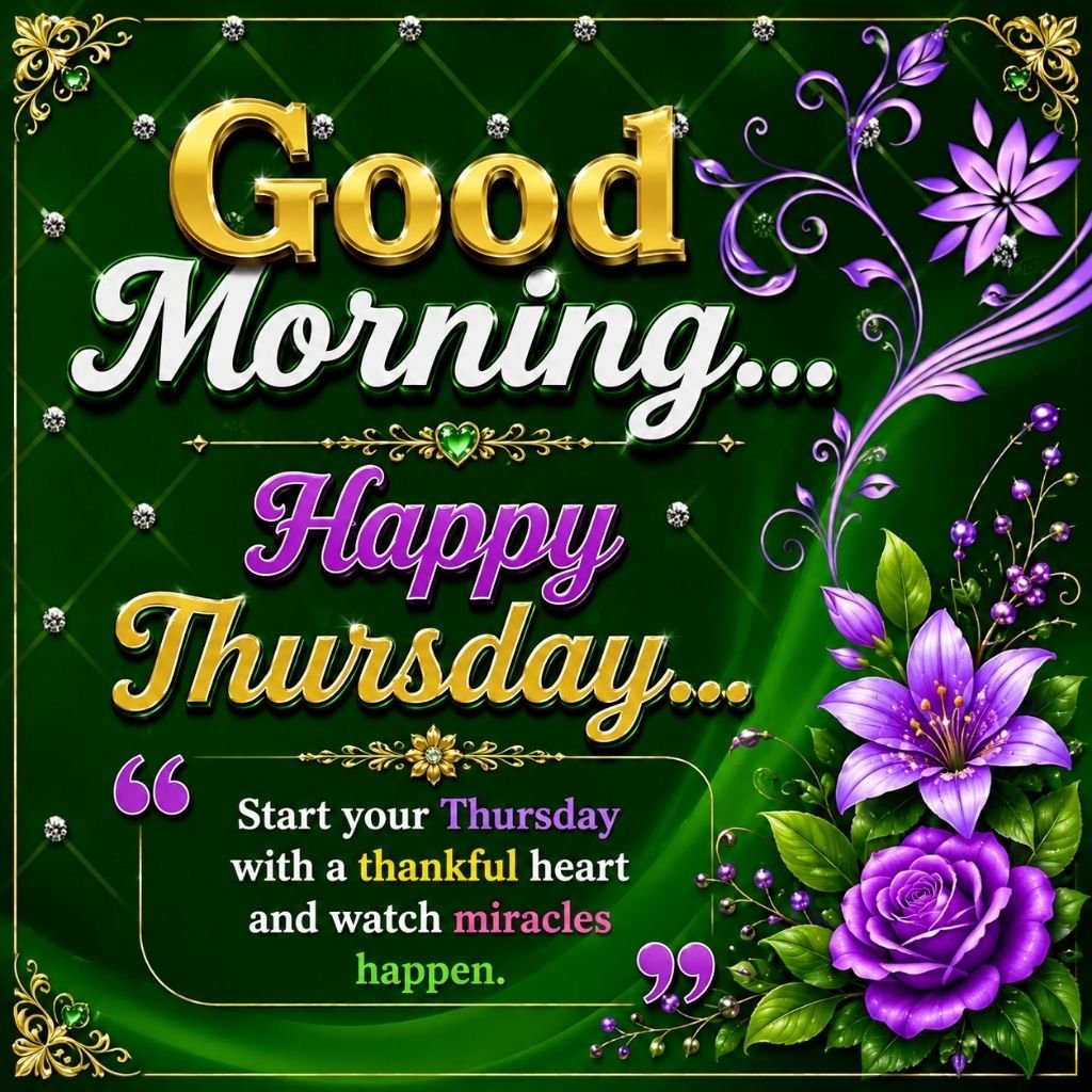 Green Good Morning Happy Thursday Wishes Image with Purple Floral Design