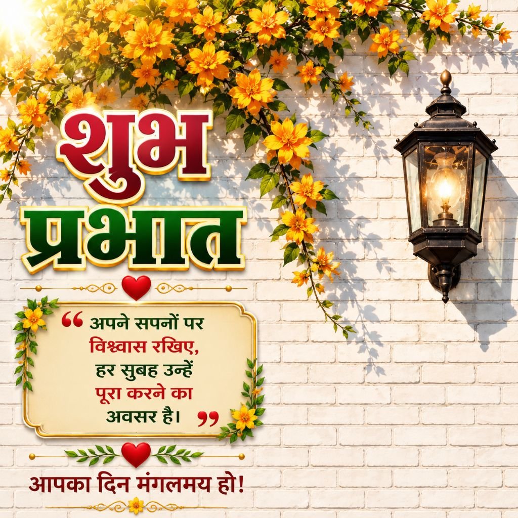 Motivational Good Morning Image with Flowers and Hindi Quote