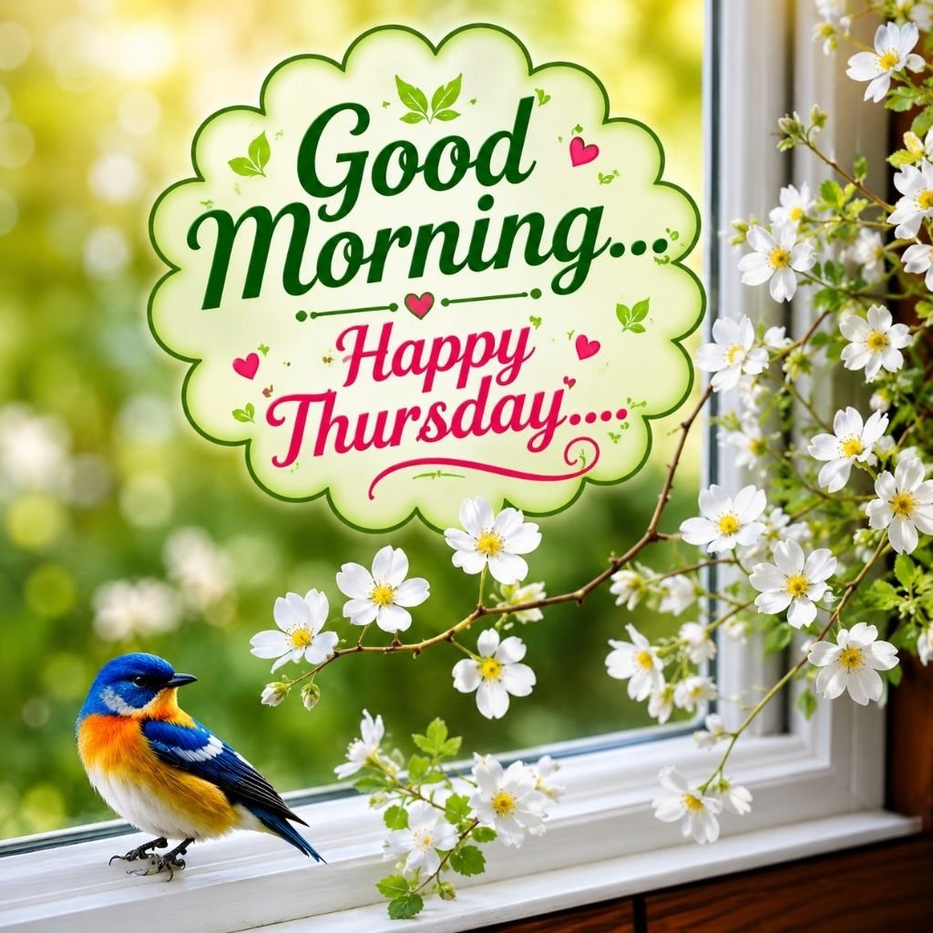 Nature Good Morning Happy Thursday Wishes Image with Bird and Flowers